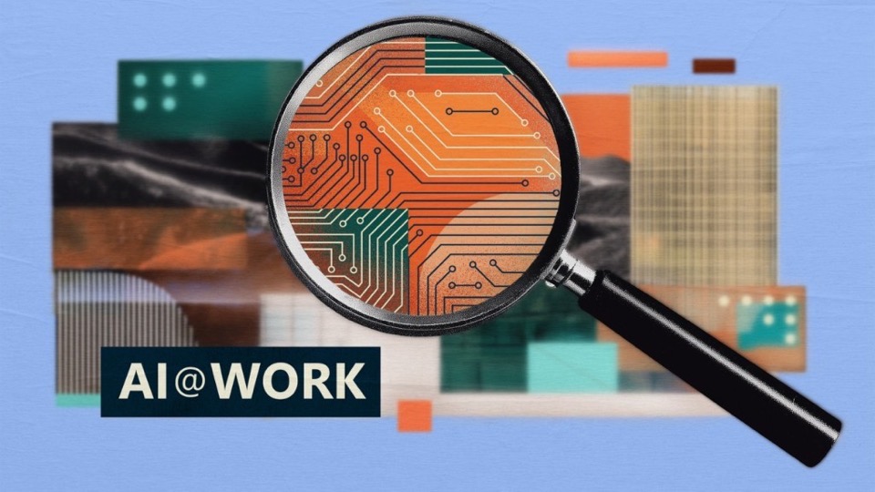 AI at work illustration with a magnifying glass highlighting digital patterns