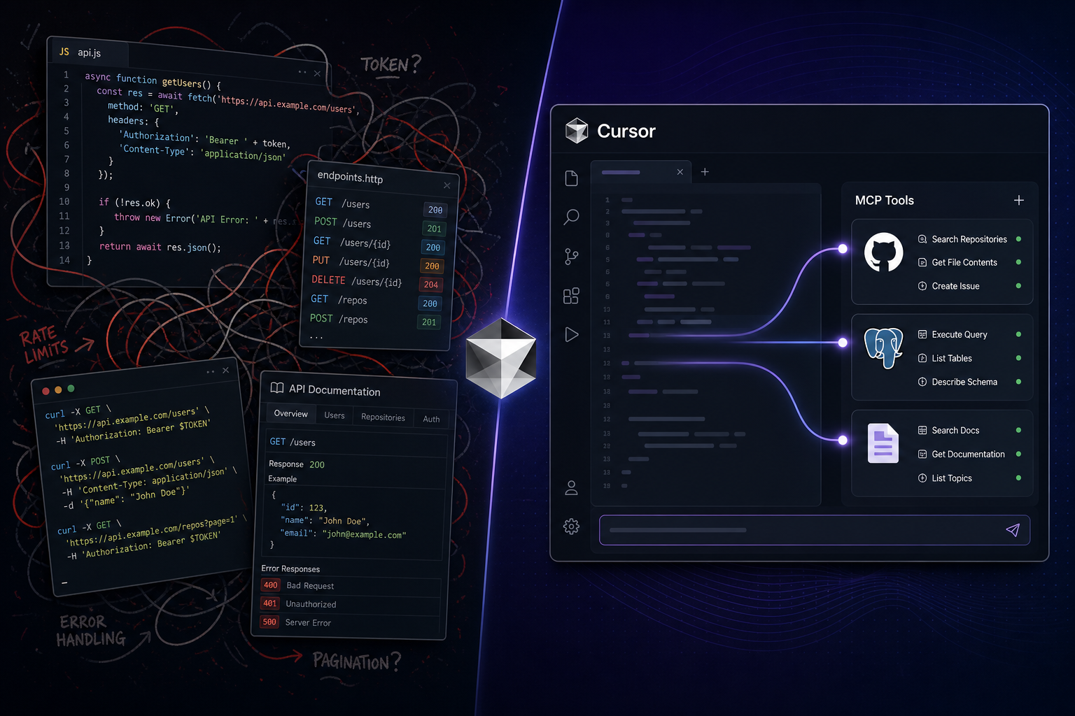 Split view of tangled REST API integration code versus a clean Cursor IDE connected to MCP tools for GitHub, Postgres, and documentation