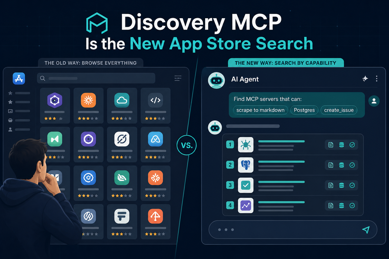 Human browsing an app store grid of MCP servers versus an AI agent searching integrations by capability keywords