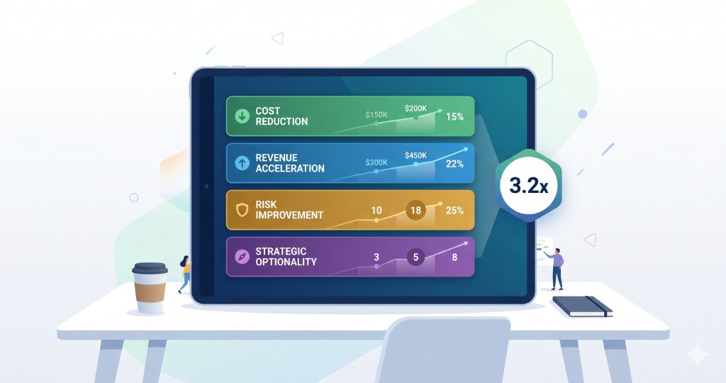 Executive reviewing an AI ROI dashboard with cost savings, efficiency gains, and revenue impact metrics