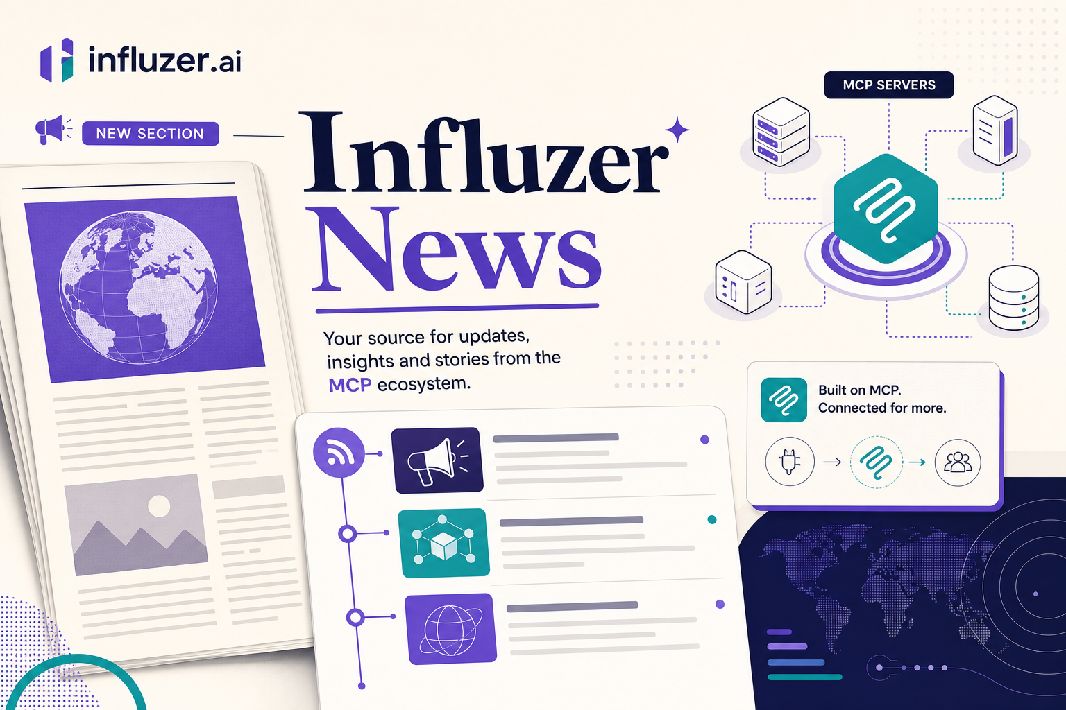 Influzer News launch graphic showing MCP ecosystem updates in a curated feed layout