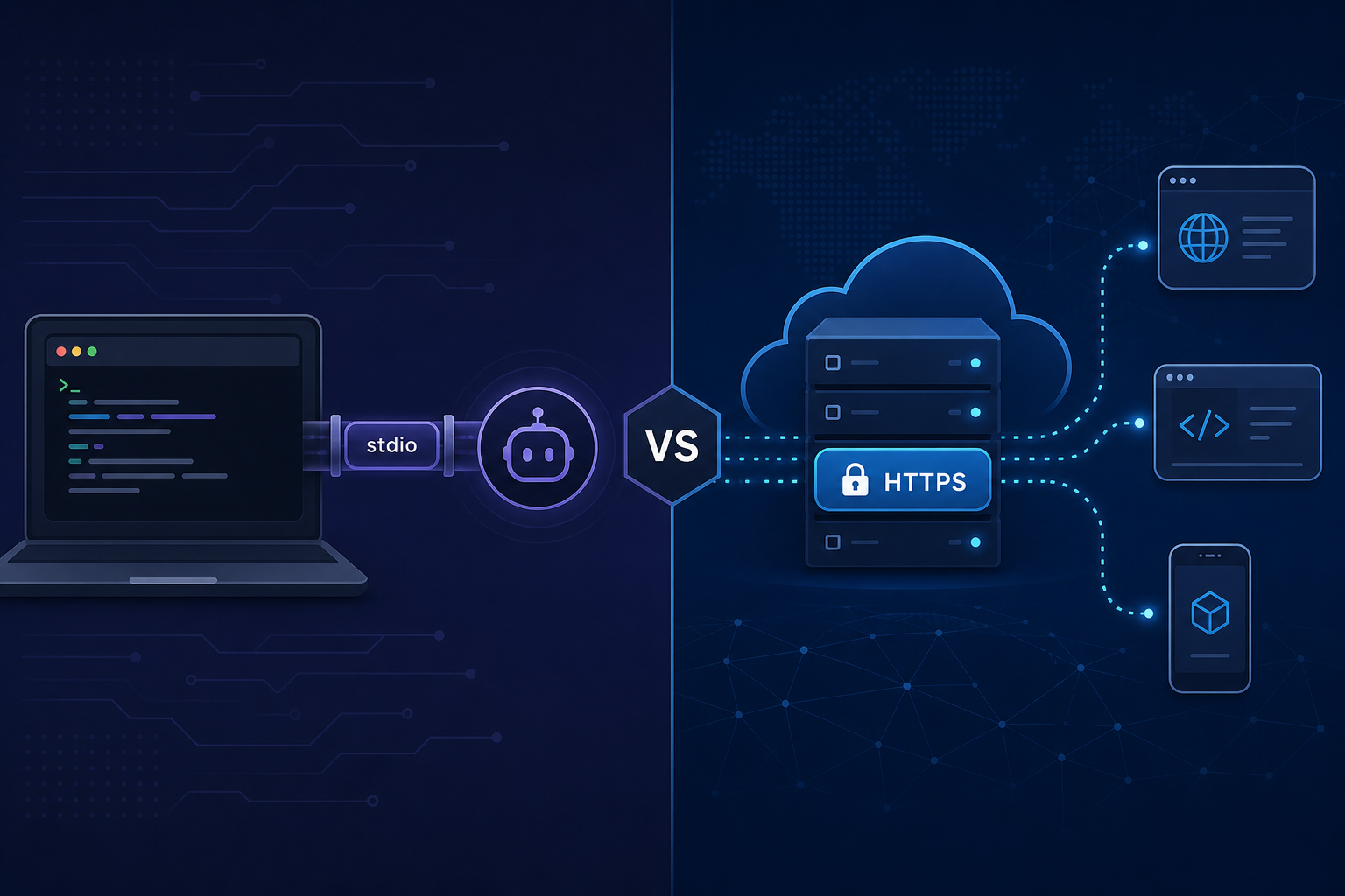 Local stdio MCP process versus remote HTTP-hosted MCP server
